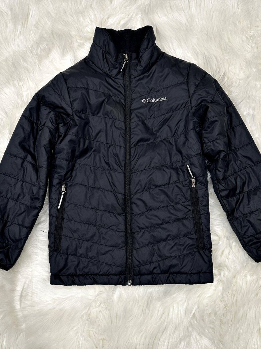 Columbia Omni Heat Puffer Jacket Kids 8 Small Black Full Zip Pockets Lightweight